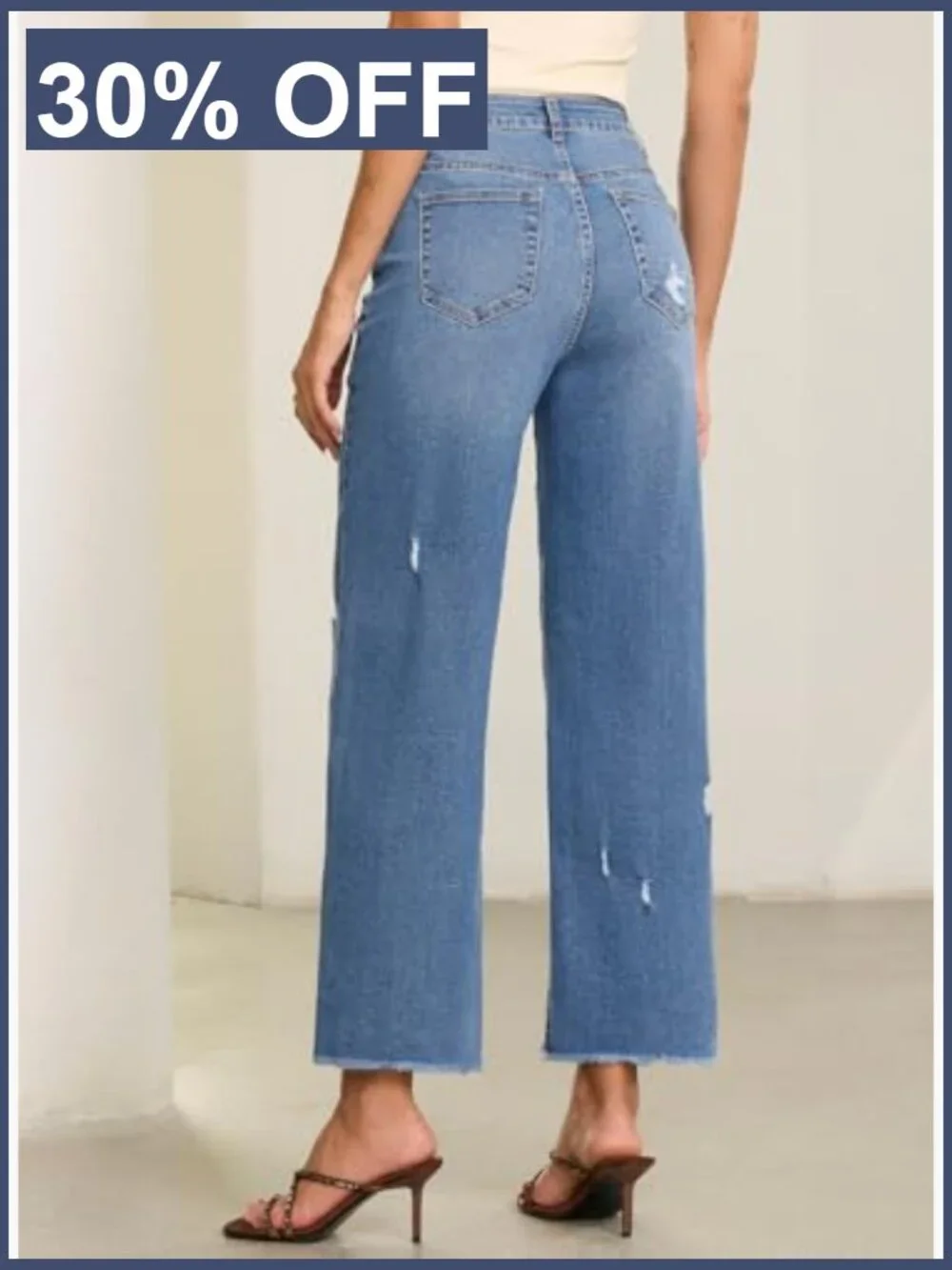 Distressed Wide Leg Jeans with Frayed Hem and Pockets - Picture 3 of 7